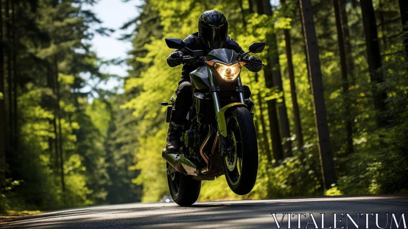 Thrilling Forest Motorcycle Ride AI Image
