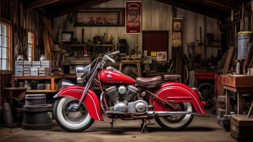 Vintage Red Indian Chief Motorcycle in Rustic Garage