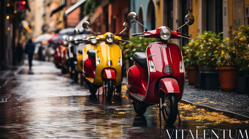Wet Street Scene with Parked Scooters and Pedestrian AI Image
