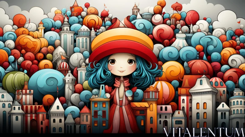 Whimsical Cityscape Illustration with Girl AI Image