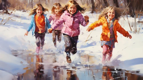 Winter Fun: Happy Girls Running in Colorful Clothes