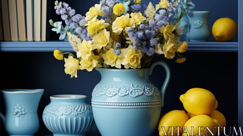 Blue Vase with Yellow Flowers and Lemons Still Life AI Image