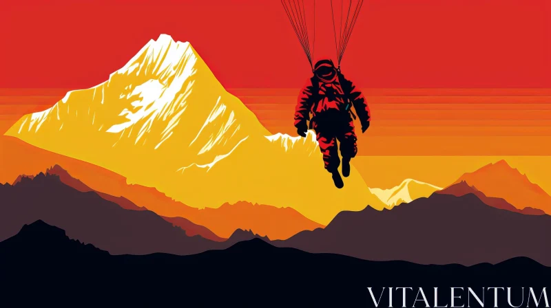 Cartoon Illustration of Person Parachuting Over Mountain Range AI Image
