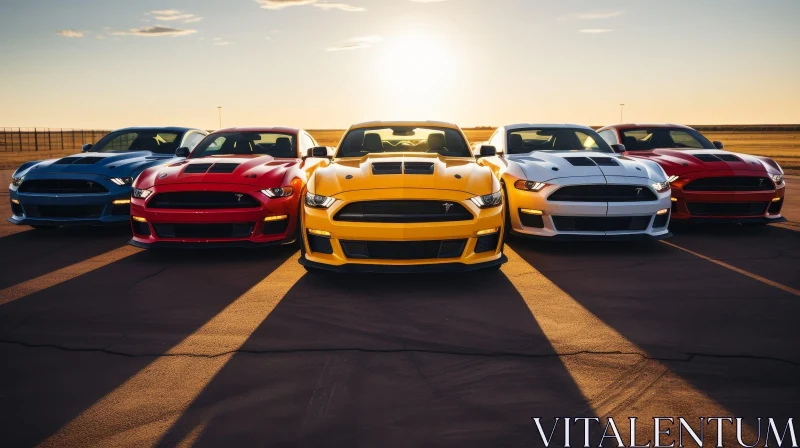 Colorful Ford Mustang Cars on Road at Sunset AI Image