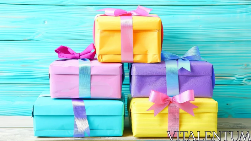 Colorful Gift Boxes on Blue Wooden Background AI Image