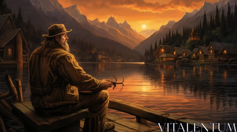Elderly Man on Dock at Sunrise - Whistlerian Style Painting AI Image