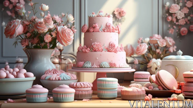 Elegant Pink Cake with Flowers and Macarons AI Image