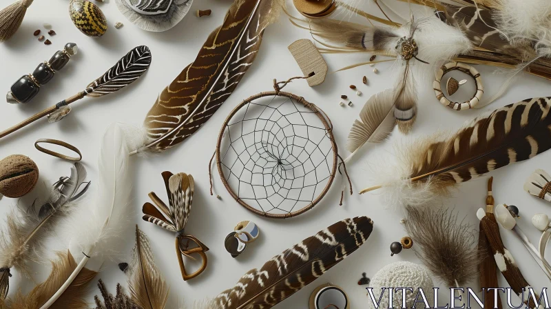 Feathers, Dreamcatcher, Shells, and Natural Objects Flat Lay on White Background AI Image