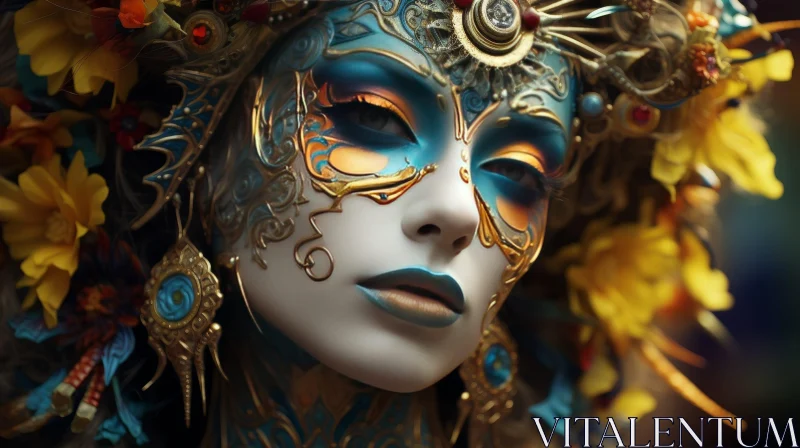 Golden and Blue Mask Portrait AI Image