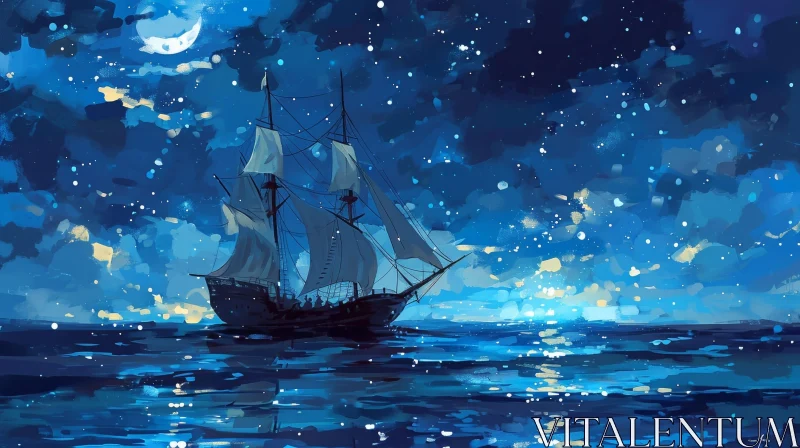 Sailing Ship at Night - Serene Sea Painting AI Image