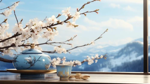 Serene Cherry Blossom Tree and Snow-Capped Mountain Landscape