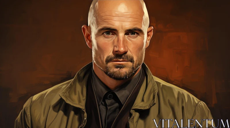 Serious Bald Man Portrait in Black Shirt and Green Jacket AI Image