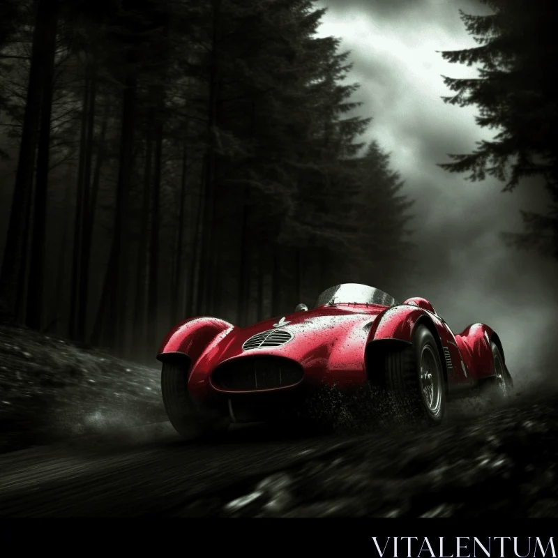 AI ART Vintage Red Car Driving Through a Forest Path - Chiaroscuro Art