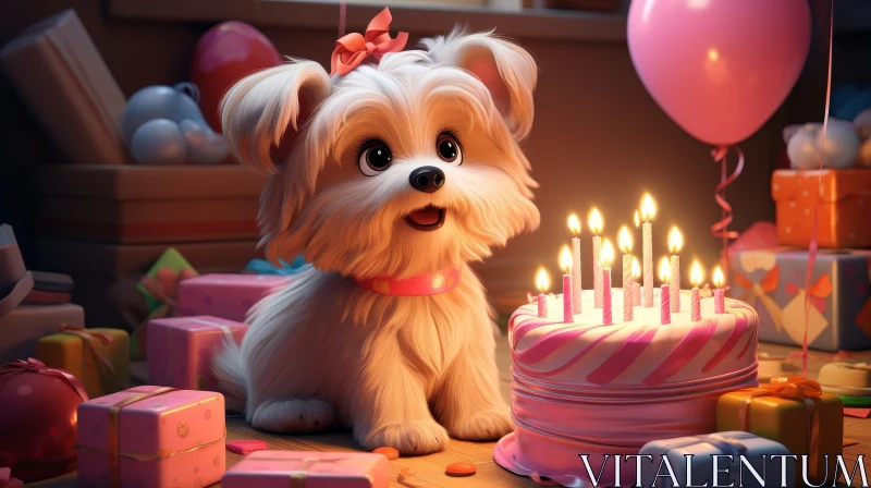 AI ART White Dog with Pink Bow Birthday Cake Celebration