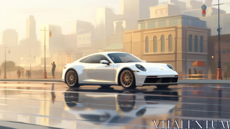 White Porsche 911 Carrera Driving on Wet Road - Cityscape Digital Painting AI Image