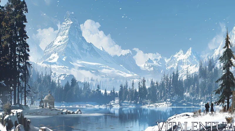 AI ART Winter Landscape with Snow-Capped Mountain and Frozen Lake