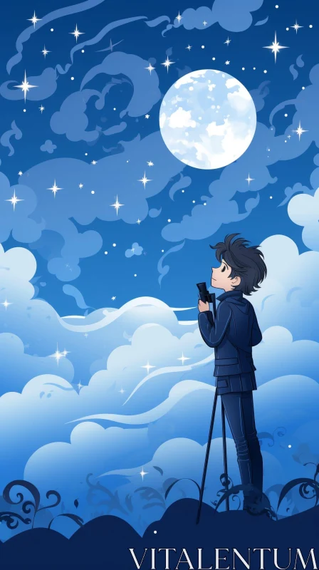 Boy Stargazing Cartoon Illustration | Dreamy Night Sky Art AI Image