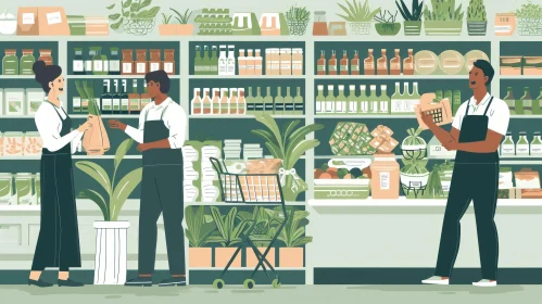 Cartoon Illustration of a Grocery Store with Customers and Store Clerk