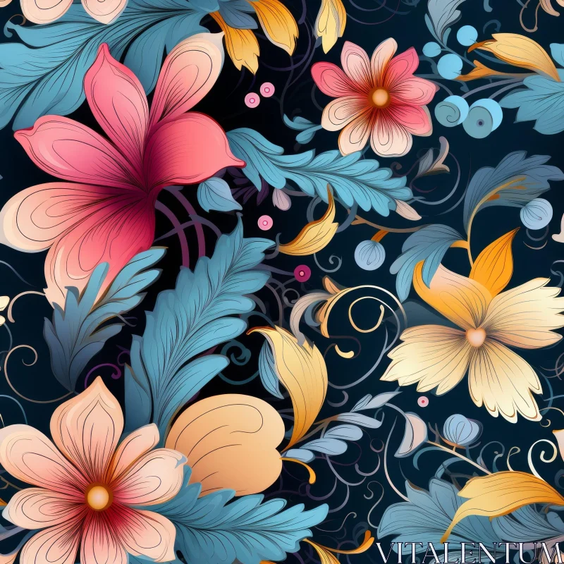 Colorful Floral Pattern on Dark Blue Background AI Image