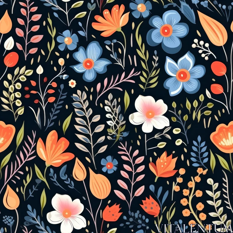 Dark Blue Floral Pattern - Roses, Lilies, Daisies AI Image