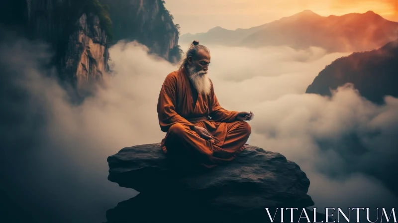 Elderly Man Meditating on Mountain at Sunset AI Image