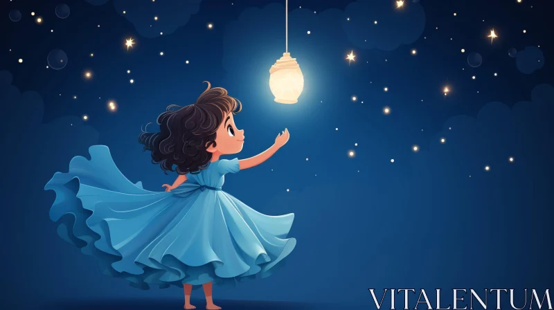 Enchanting Night Sky Scene with Girl and Glowing Lantern AI Image