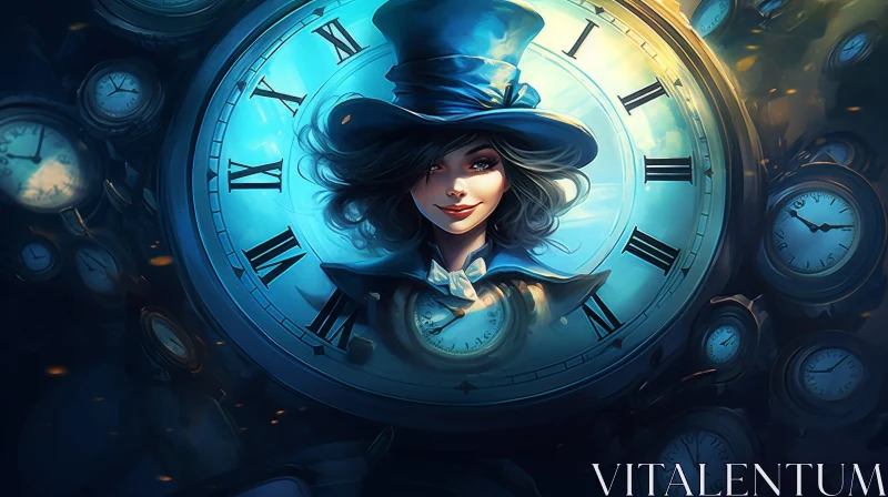Enigmatic Woman and Clock Digital Painting AI Image