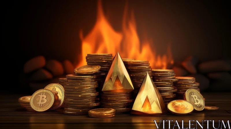 Fireplace with Bitcoin and Ethereum Coins AI Image