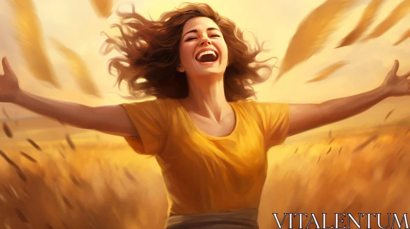 Joyful Woman in Wheat Field Under Sunlight AI Image