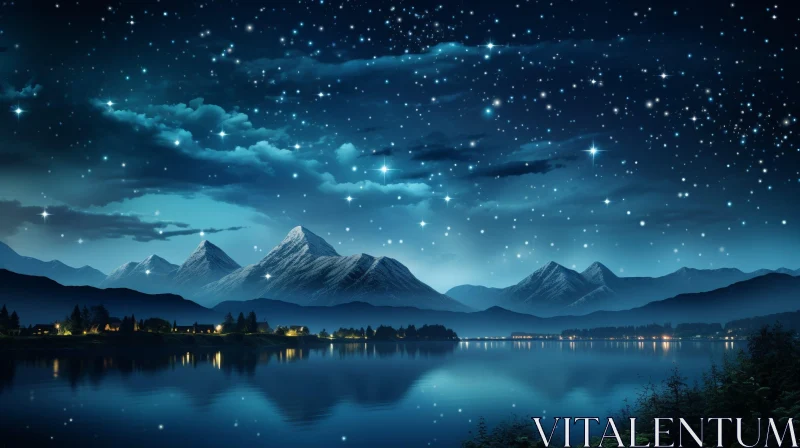Mountain Lake Night Sky Serene Landscape AI Image