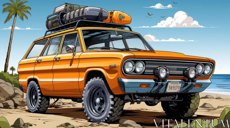 AI ART Old Orange Car Cartoon Illustration on Beach