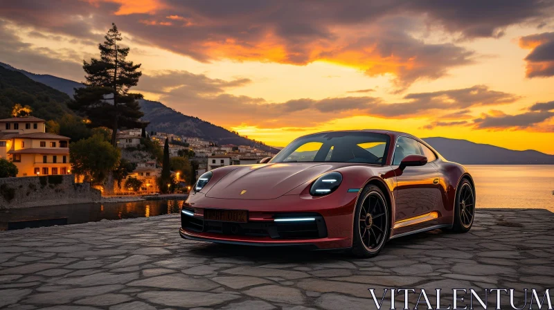 Red Porsche 911 Carrera at Sunset in Coastal Town AI Image