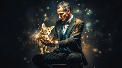Smiling Man with Cat and Sparkles on Black Background