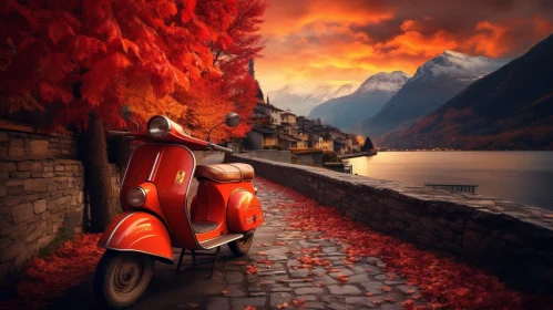 Tranquil Mountain Lake Landscape with Red Scooter
