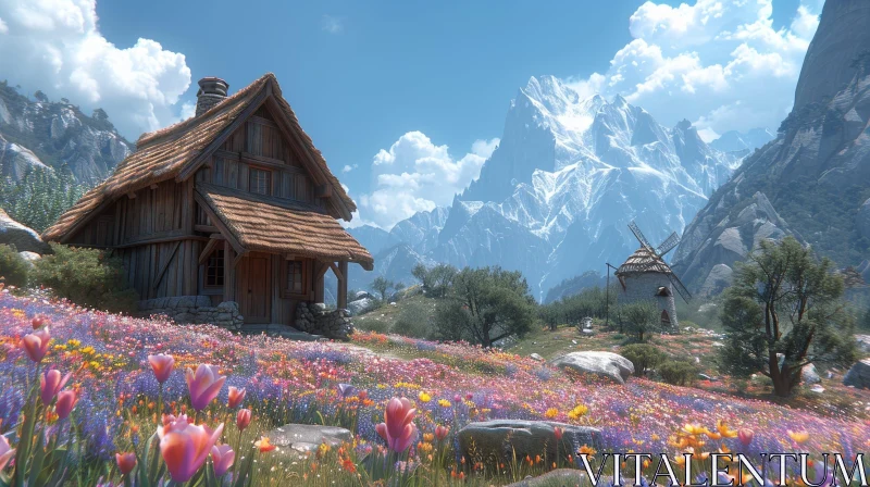 Tranquil Mountain Valley Landscape with Wooden Cottage AI Image