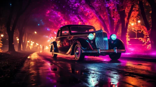 Vintage Car Night Scene in Urban Setting