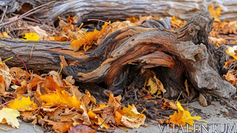 Weathered Driftwood Log on Beach: Close-up Nature Photography AI Image