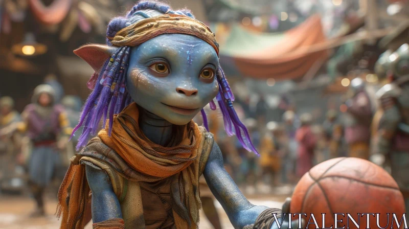 Blue-Skinned Alien Child in Market with Basketball AI Image
