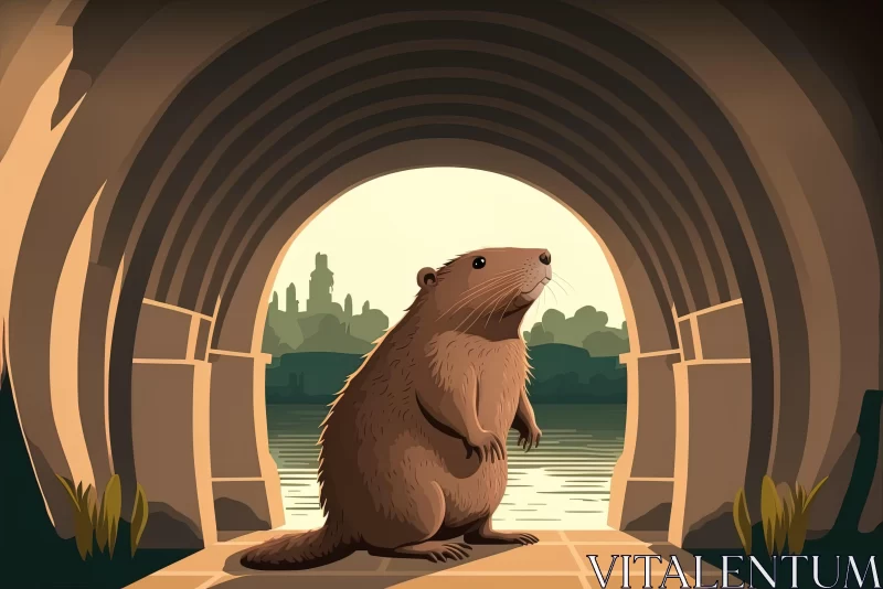 Captivating Cartoon Beaver in City Tunnel | Soft Gradients AI Image