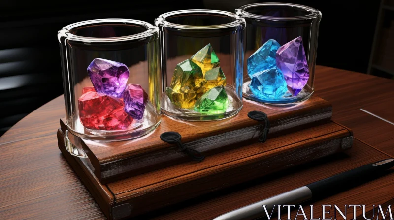 Colorful Crystals in Glass Jars on Wooden Table AI Image