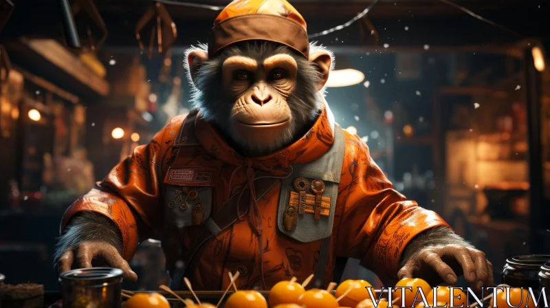 Curious Chimpanzee in Orange Jumpsuit - Captivating Room Scene AI Image