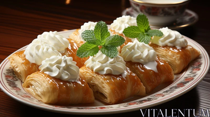 Delicious Turkish Baklava with Cream and Mint AI Image