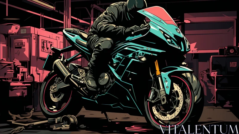 Man Riding Blue and Black Sport Motorcycle in Dark Garage AI Image