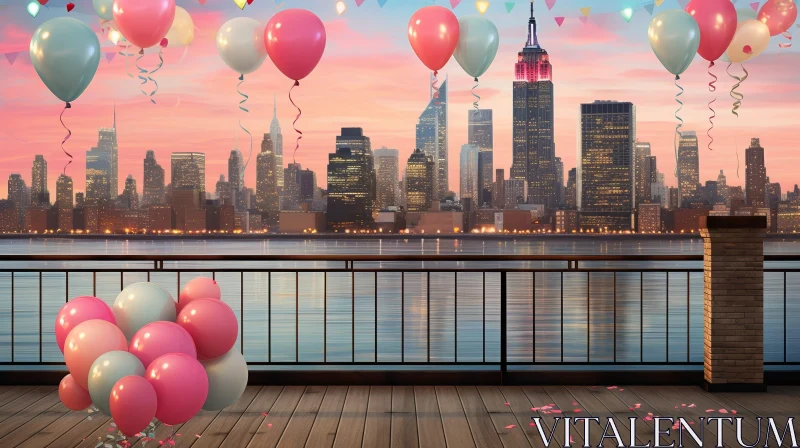 New York City Skyline Sunset View with Balloons AI Image