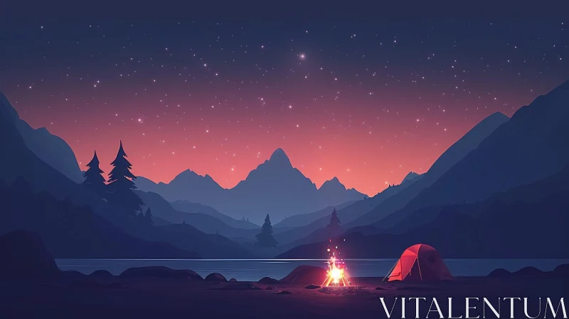 Night Mountain Range Landscape with Lake and Campfire AI Image