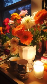 Peaceful Ambiance of Coffee, Tea and Flowers in Soft Lighting