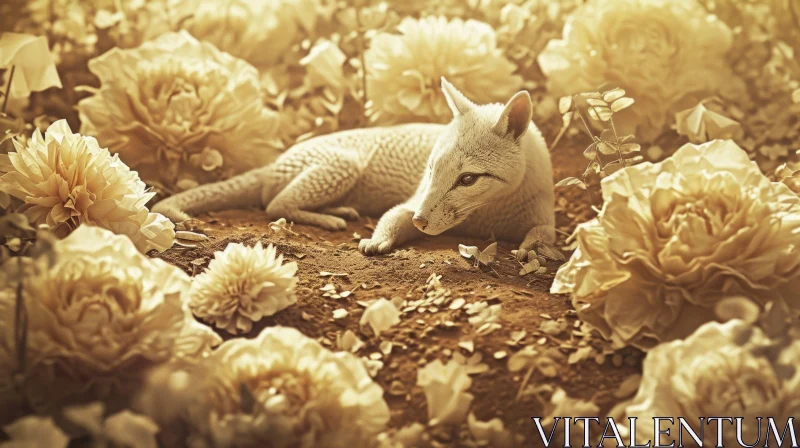 Peaceful White Fox Sleeping in a Field of Yellow Flowers AI Image