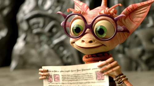 Pink Alien Character 3D Rendering with Newspaper