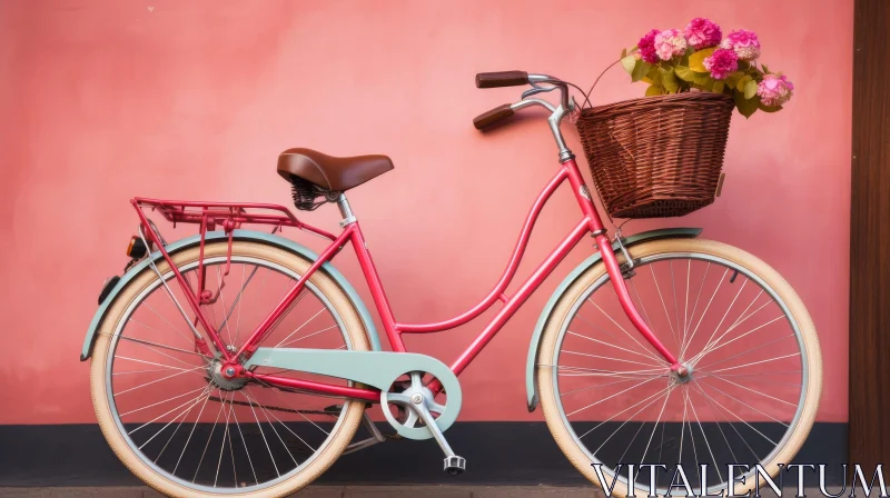Pink Bicycle with Brown Basket and Flowers AI Image