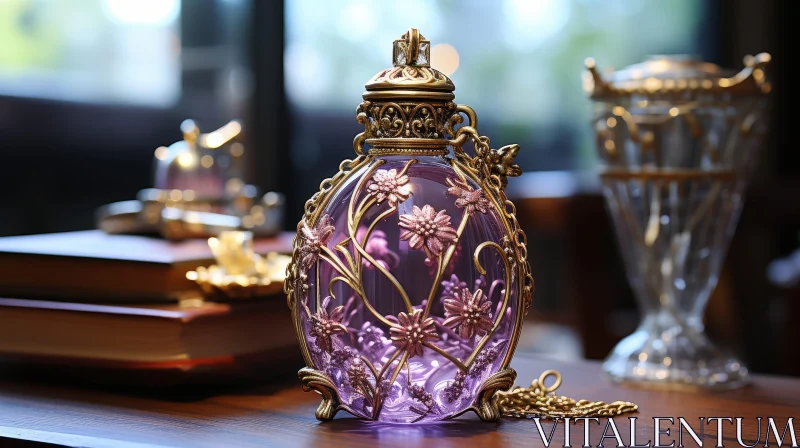 Purple Glass Perfume Bottle on Wooden Table AI Image